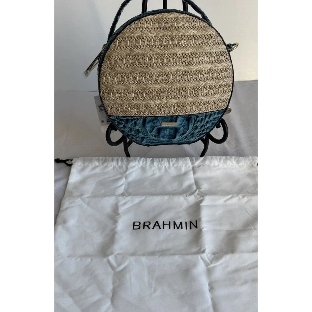 Brahmin Mantle Lane Lagoon Straw Circle Blue Green Leather Crossbody NEW